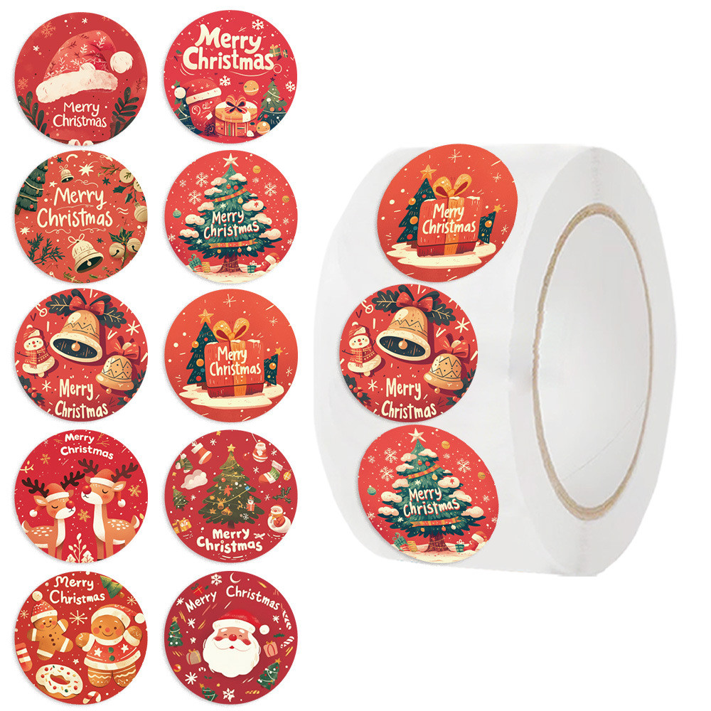500 pcs 10 images Red Merry Christmas Stickers Roll/Stickers Tape ...