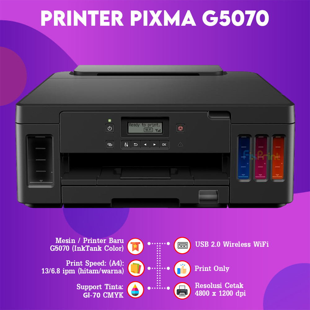 FixPrint Printer Canon Inktank G5070 Single Function Print Only A4 Ink Tank G5070 Efficient G6070 Print Scan Copy USB + Wireless Duplex LAN Bergaransi New - Gambar 2