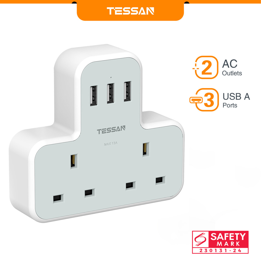 TESSAN Extension Multi Plug with USB+Type C, Plug Adapter