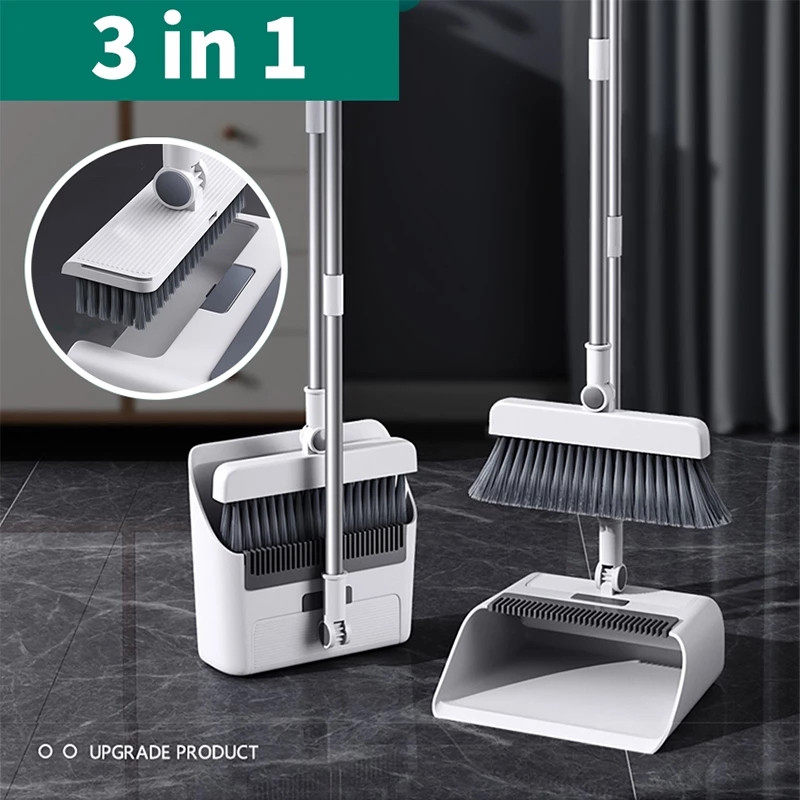 Household 3-in-1 Broom and Dustpan Set Long Handle Broom with Stand and ...