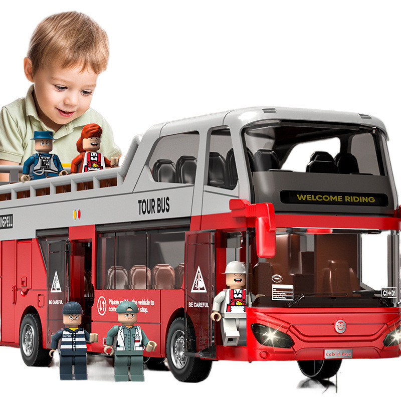 Red white sightseeing bus convertible double-decker bus model children ...