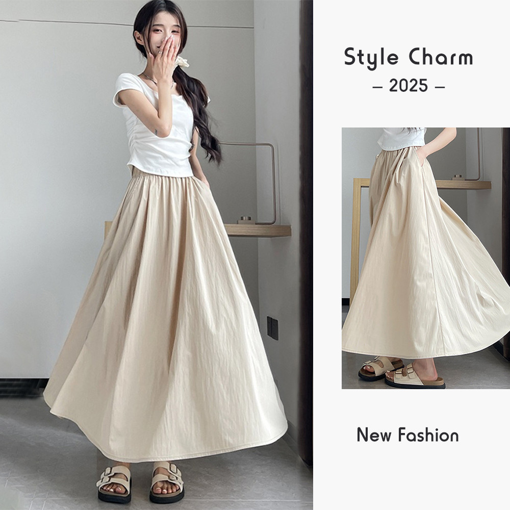 Pleated Long Skirt Women High Waist A Line Slim Fit Summer Skirt