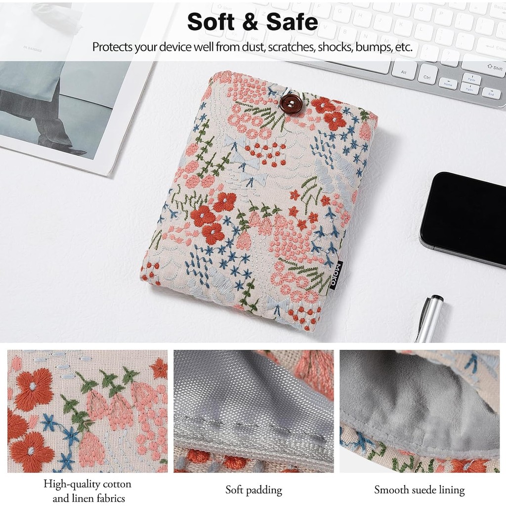 MoKo 6-7" Embroidered Daisy Padded Sleeve Pouch for Kindle 11/10/8th ...
