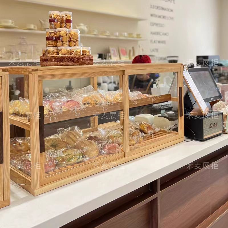 Retro solid wood glass pastry display cabinet coffee shop dessert tea ...