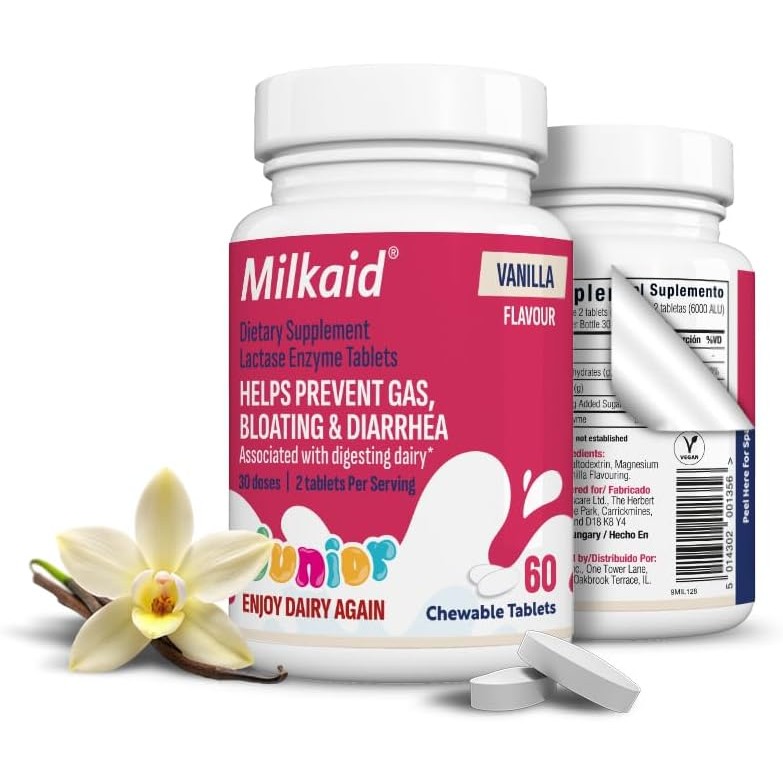 Milkaid Junior Lactase Enzyme Chewable Tablets for Lactose Intolerance ...