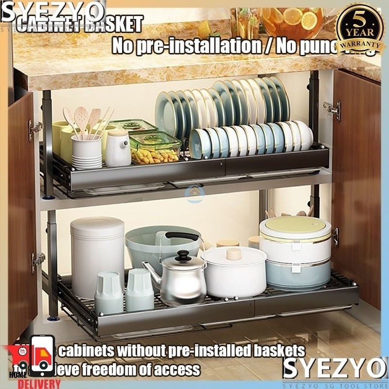 Kitchen Organiser DIY Pull Basket Plate Rack Built-in Cabinets Dish ...