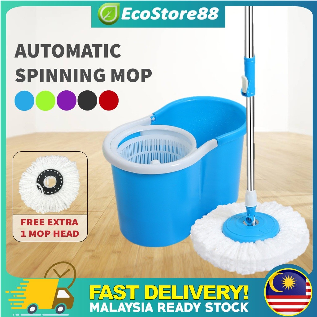360° Spin Mop With Wheels (FREE Extra 1 More Mop Head) Mop Lantai Easy ...