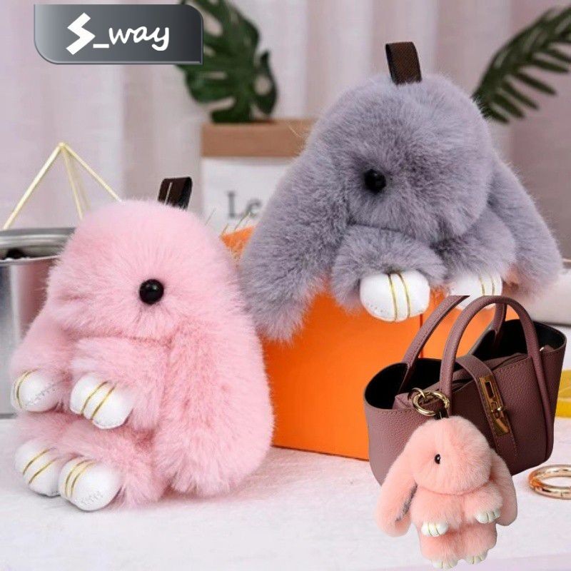 Rabbit Keychain Fluffy Fur Pompon Bunny Trinket Key Chain Charm Cute ...
