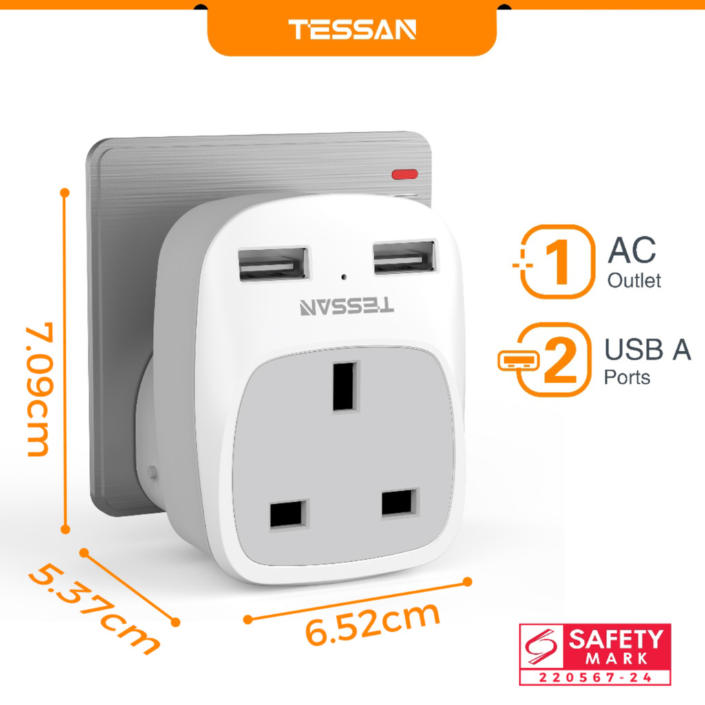 TESSAN USB Plug Adaptor UK with USB +Type C, Multi Socket Extension ...
