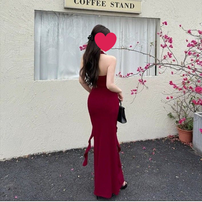French Style Elegant Red Halter Neck Strap Dress for Women Summer New Sexy  Backless Waist-Cinching Long Dress | Shopee Singapore