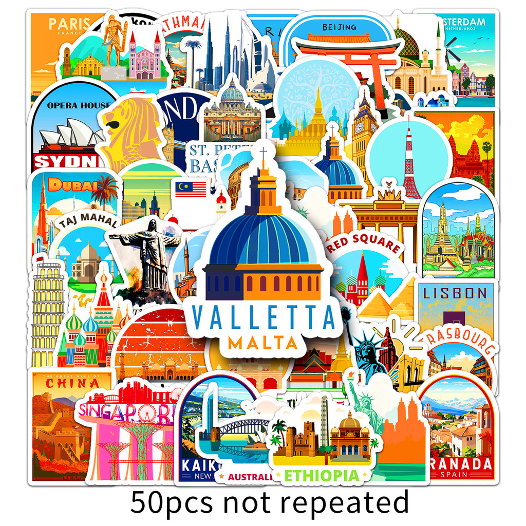 50pcs World Landmark Stickers Set - Waterproof Vinyl Travel Decals for ...