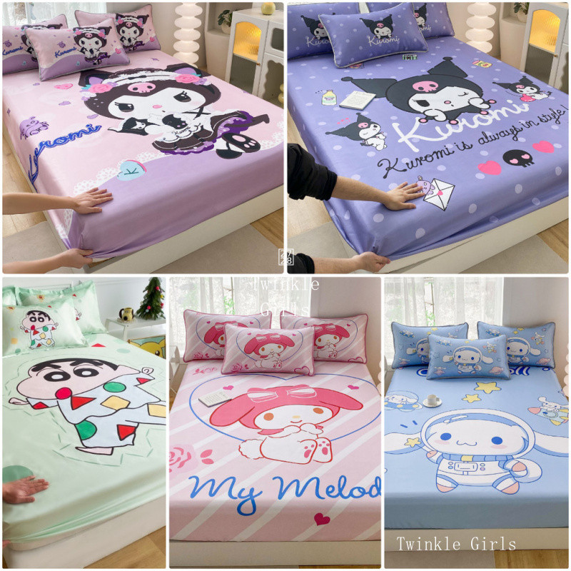 Kuromi Cinnamoroll Cooling Bed Cover Silk Fitted Sheet Machine Washable