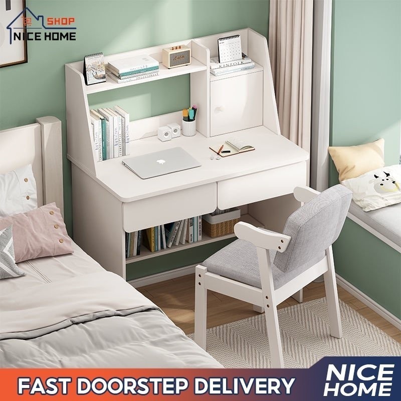 Study Table Computer Desk With Drawers And Bookshelf Desktop Solid Wood ...