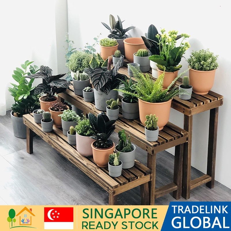 Plant Rack Carbonized Soild Wood Waterproof Flower Step Display Stands ...