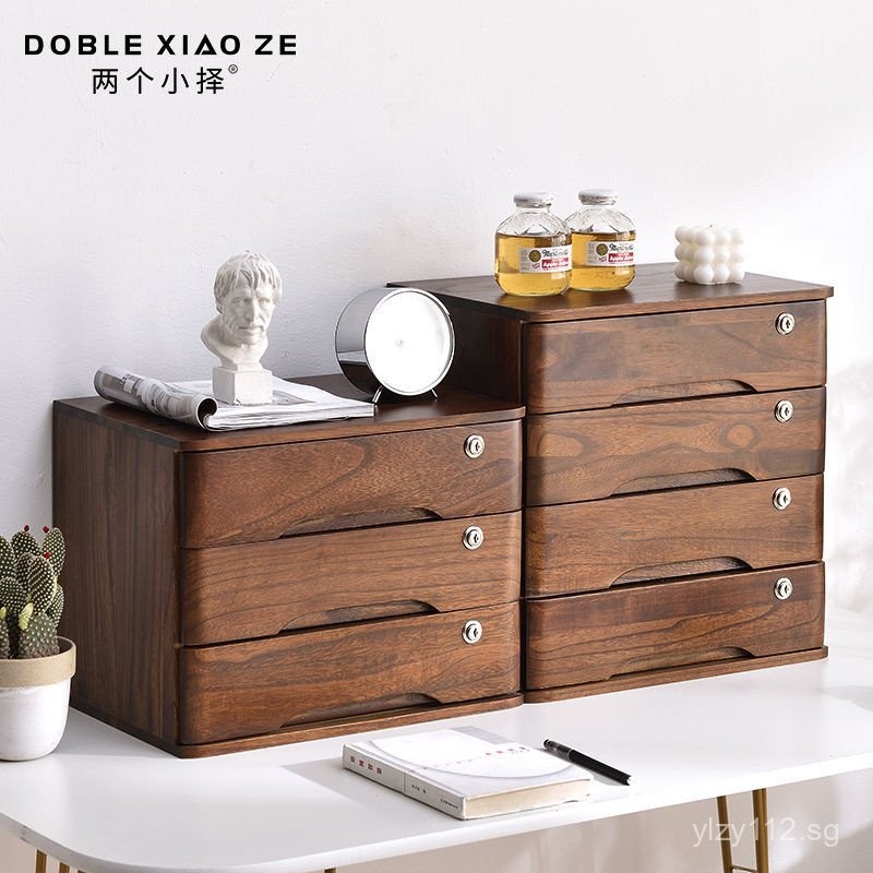 Full Lock Desktop Storage Box Drawer Solid Wood Desk Organizing Cabinet ...