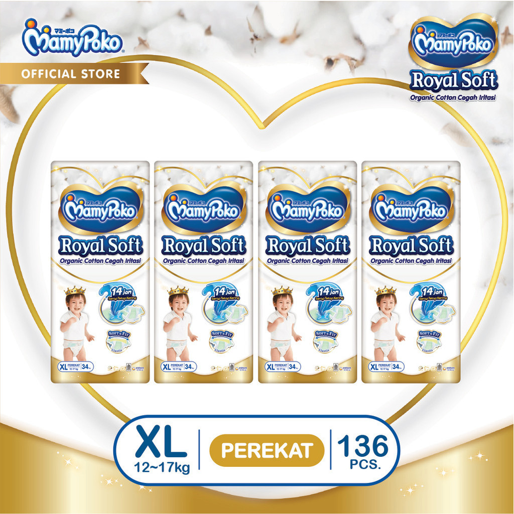 MamyPoko Royal Soft Organic Cotton - XL 34 - Popok Tape - 4 Packs