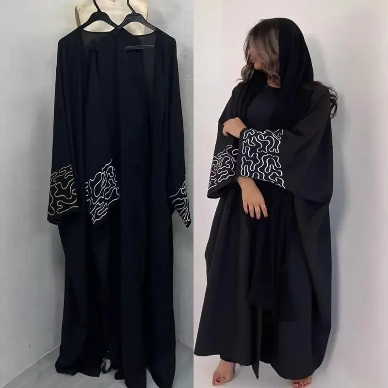 Eid Ramadan Women Black Open Abaya Modest Embroidery Islamic Clothing ...