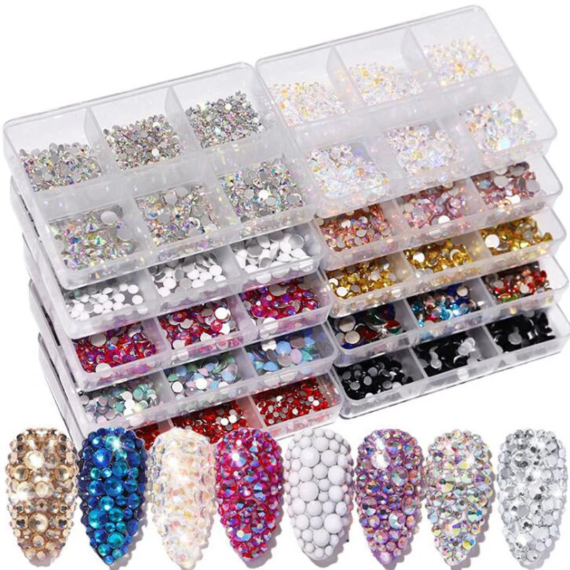 6Grids Mixed Mini Round Rhinestones Nail Gems 2-5mm Pink/Clear/Red/Blue ...