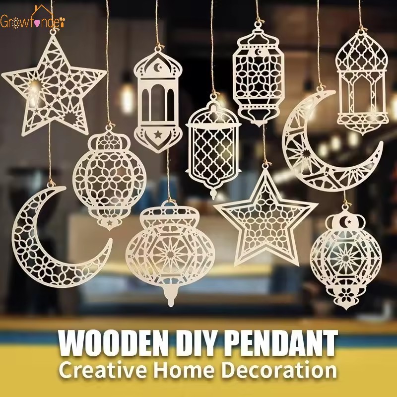 Eid Mubarak Wooden Ornaments Hollow Star Moon Hanging Pendants Ramadan ...
