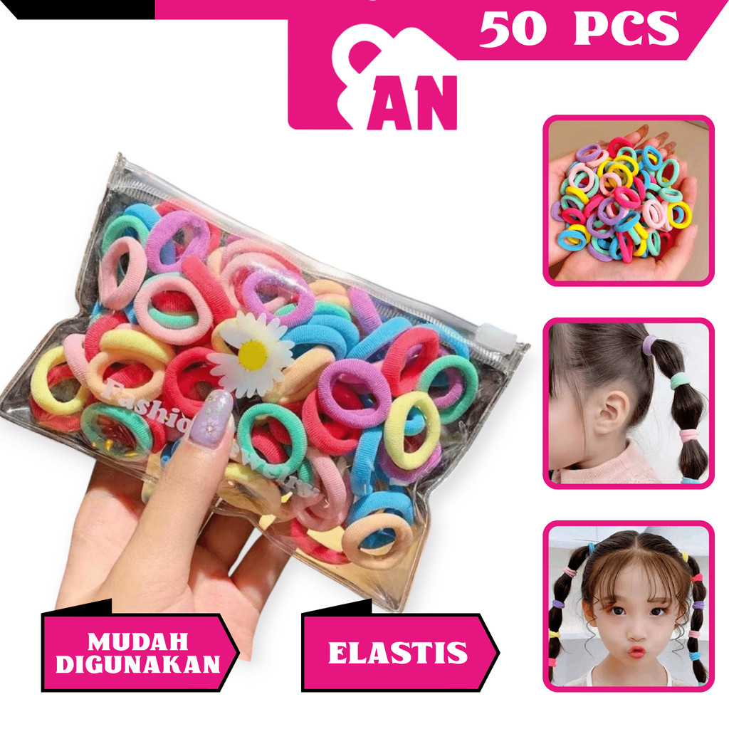 50PCS Ikat Rambut Donat Free Pouch Kunciran Karet Elastis Aksesoris Scrunchie Kuncir Hair Style Korea A110