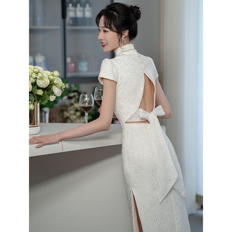 White Cheongsam Dress Bride Light Style Evening Dress High-End Lace Retro  Engagement Wedding Toast Dress Female 12.18