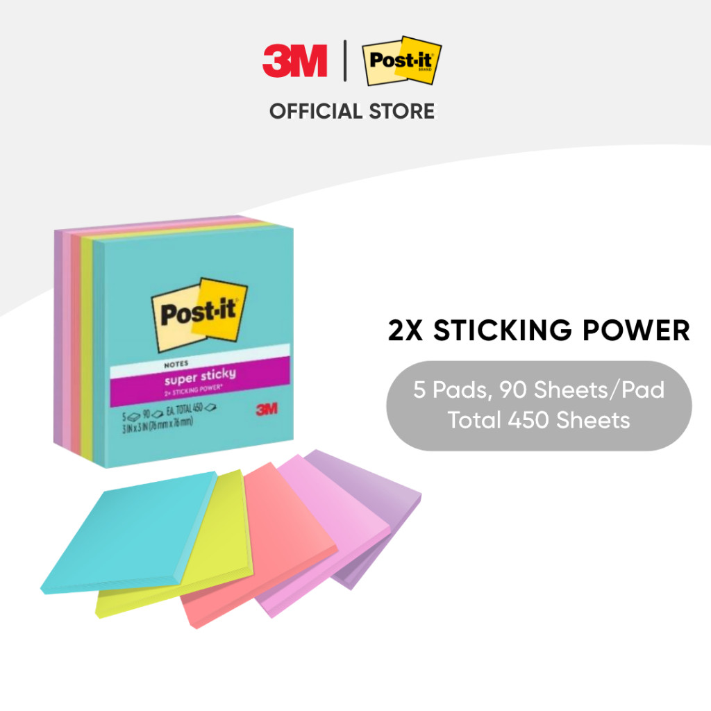 3M™ Post-it® Super Sticky Notes, 654-5SSMIA Supernova Neons, 90 sheets ...