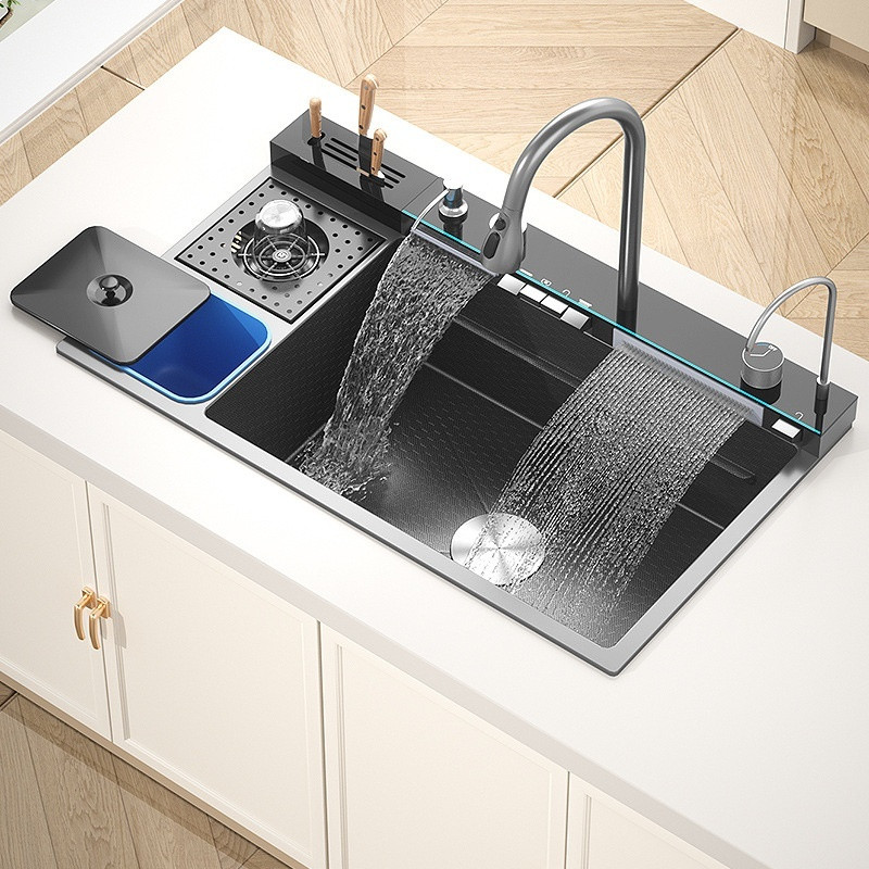 Waterfall Large Single Sink 304 Stainless Steel Digital Display Sink ...