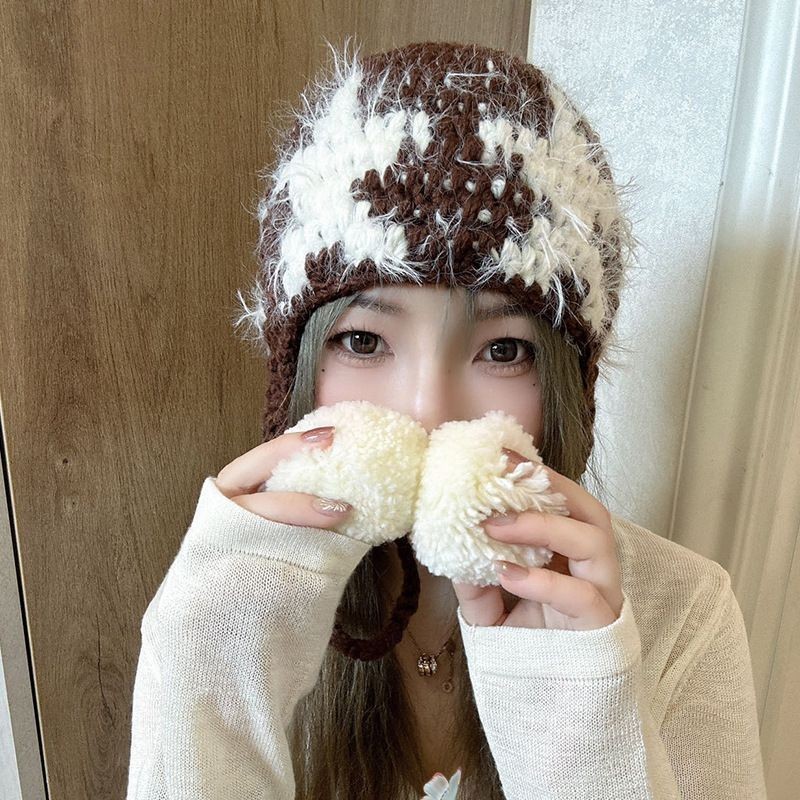 Pure Handmade Plush Knitted Star Warm Baotou Hat Autumn Winter Cute Influencer Fur Ball Ear Protection Lei Feng Hat Fashion Shopee Singapore
