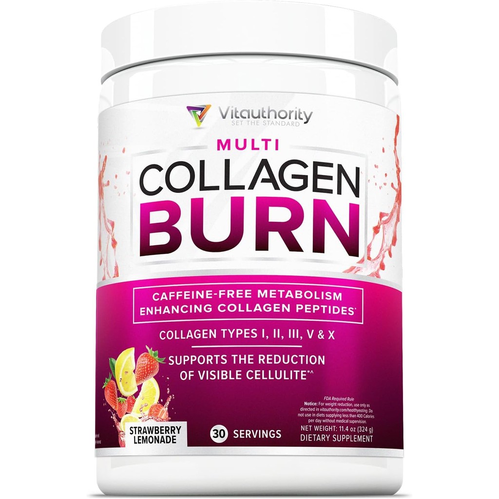 Multi Collagen Burn: Multi-Type Hydrolyzed Protein Peptides with Hyaluronic Acid, Vitamin C, SOD B Dimpless, Types I, II, III, V and X, Caffeine-Free (Unflavored Capsules)