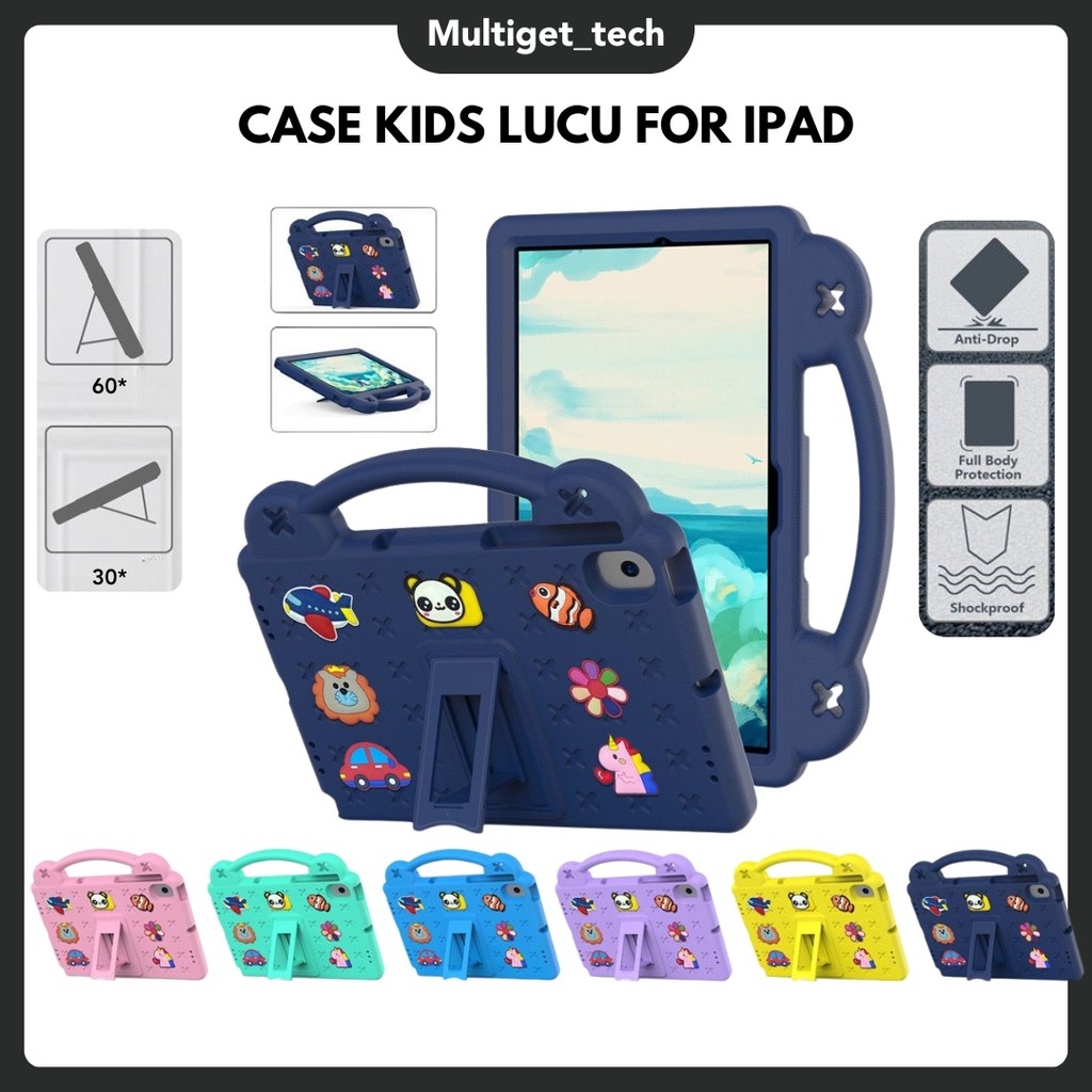 Case Kids Lucu iPad Gen 10 10.9" Air 4 5 6 Pro 11" 2018-2024 Mini 1 2 3 4 5 6 7 Gen 7 8 9 10.2" Gen 5 6 Air 1 2 9.7" Air 6 12.9"/13" 2024 Casing Tablet Anak Handle Softcase With Stand Holder Shockproof