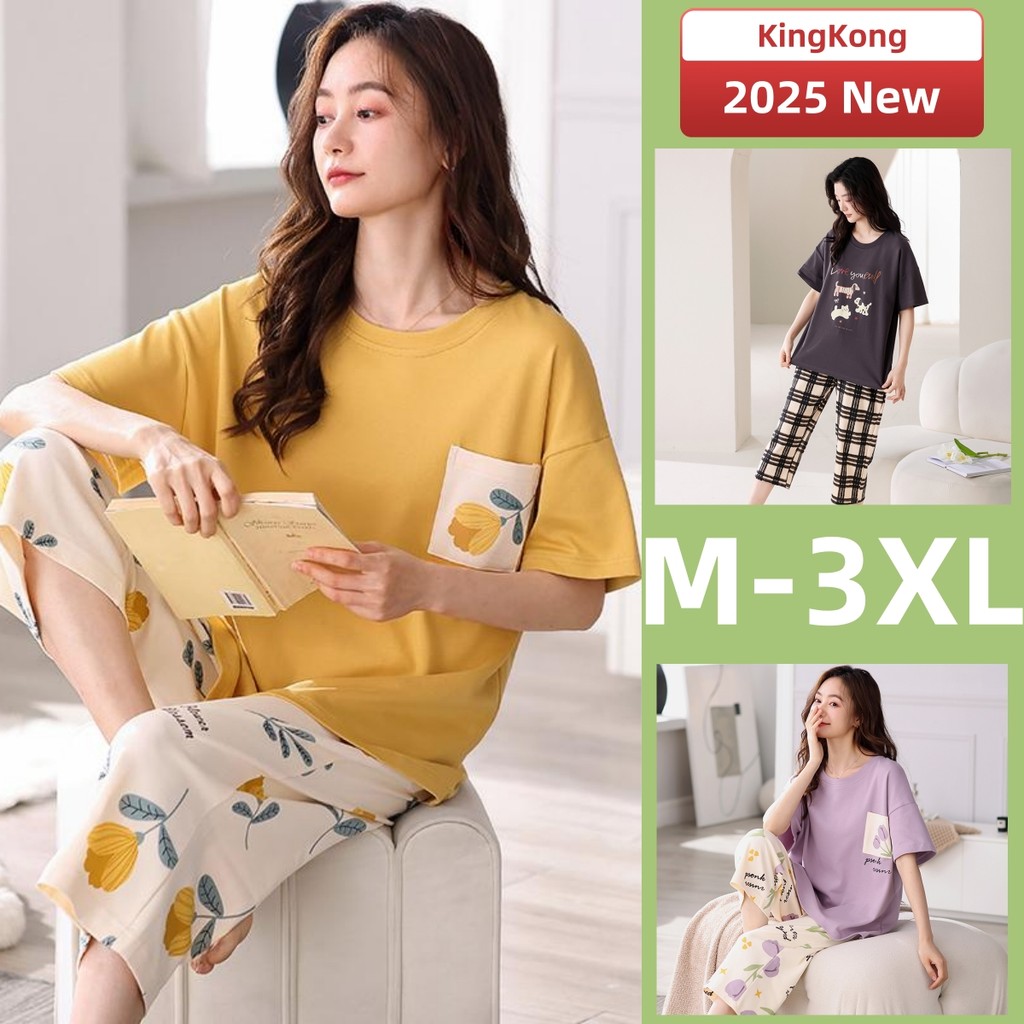 Pyjamas Women 100% Cotton Short Sleeve Pajamas 3/4 Length Pants Summer ...