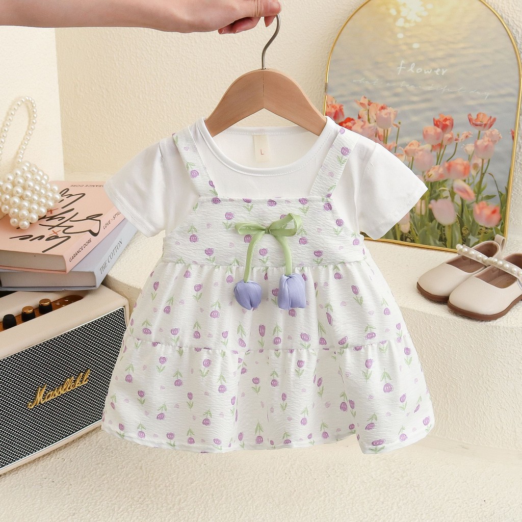 Summer Cotton Dress For Baby Girl Tulip Flower Printed Princess Dress For  Kids Birthday Party Dress | Shopee Singapore