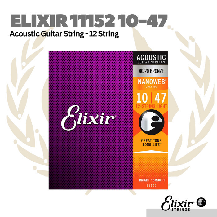 Elixir 11152 10-47 Nanoweb 80/20 Bronze Acoustic Guitar Strings, 12 ...
