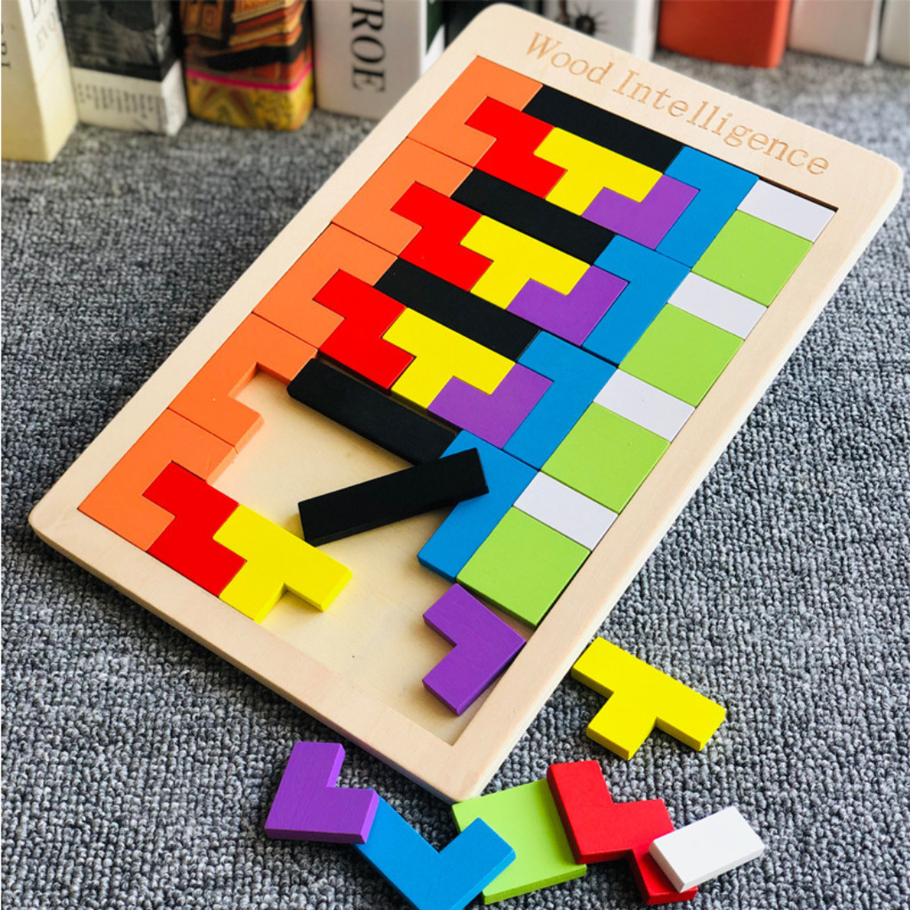 HS Russian Puzzle Block T Tangram Tetris Jigsaw Toys Wooden Kids Brain ...