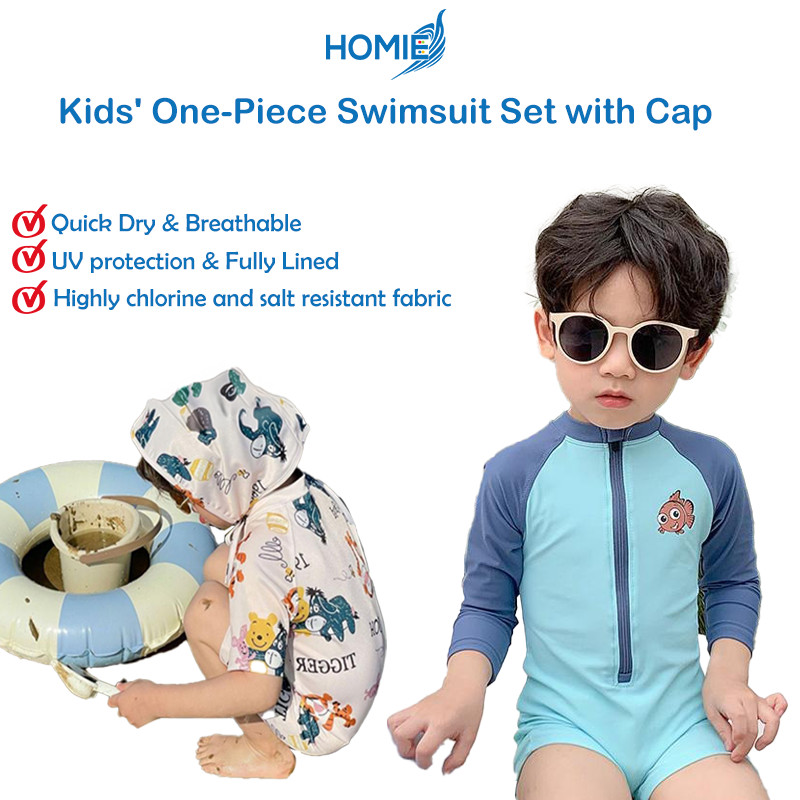 HOMIE Kids' One-Piece Swimsuit Set with Cap/Child Swimming Suit UV ...