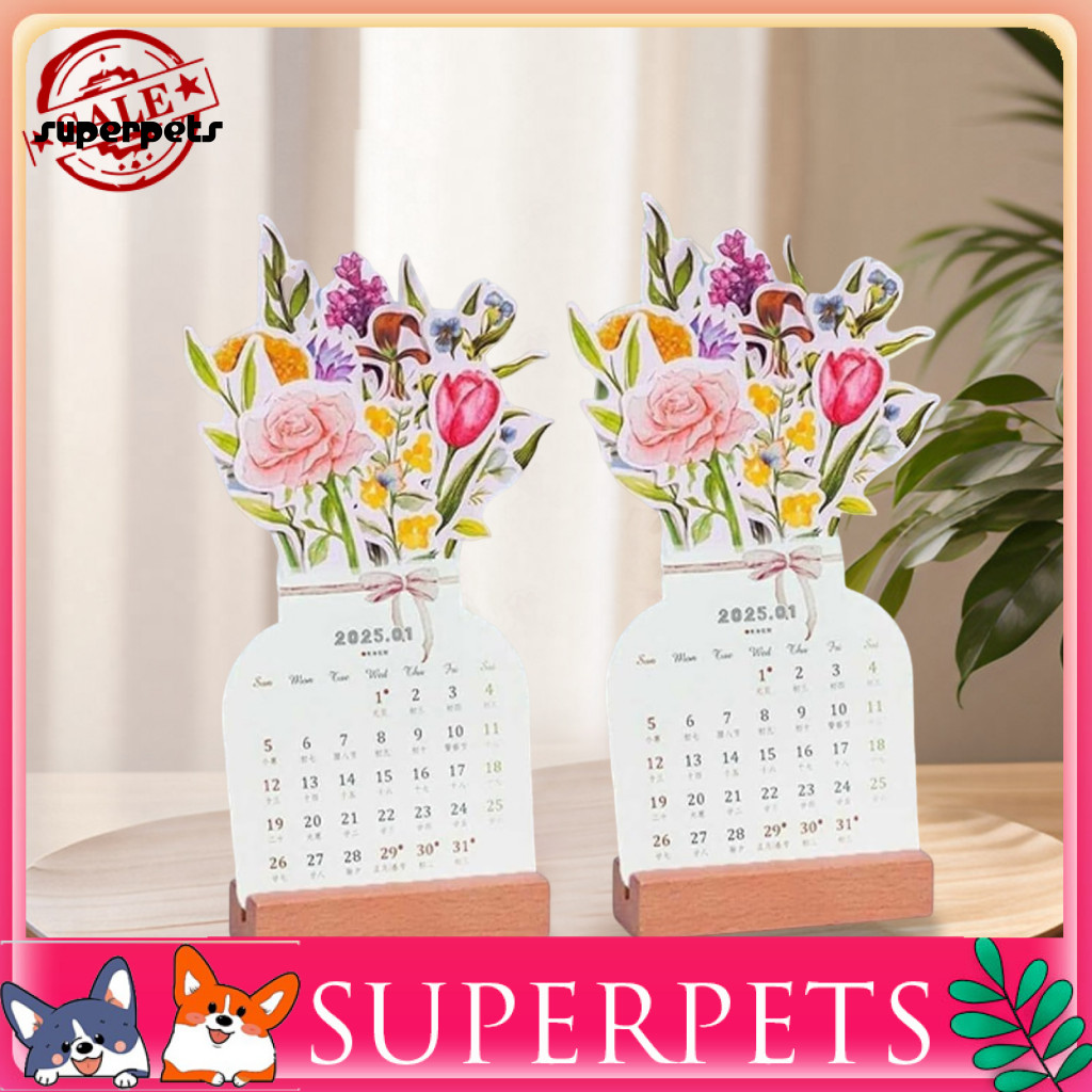 Sturdy Base Desk Calendar Wooden Base Calendar 2025 Bloomy Flower ...