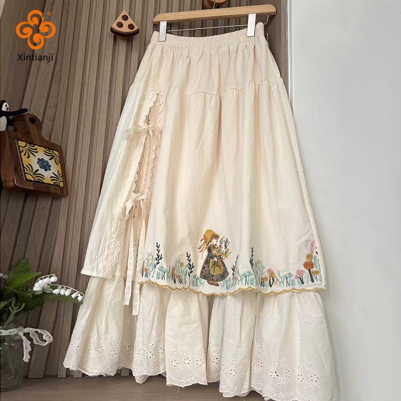 New Cream Colored Little Girl Embroidered Lace Sweet Elastic