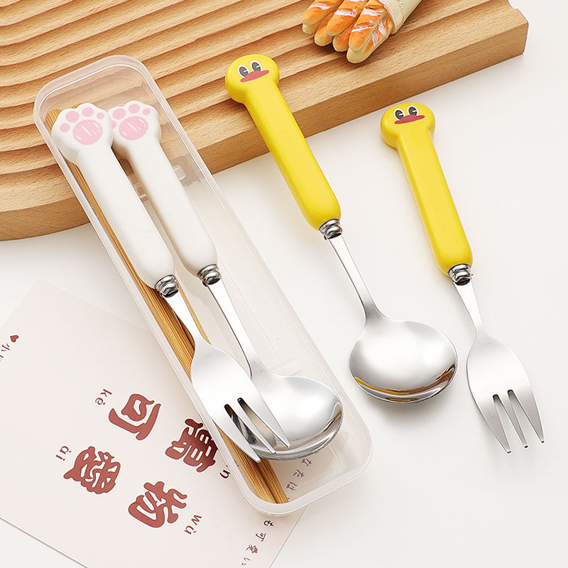 卡通可爱餐具筷子勺子套装学生少女心上班族便携餐具盒餐具三件套Cartoon Cute Tableware Chopsticks Spoon ...