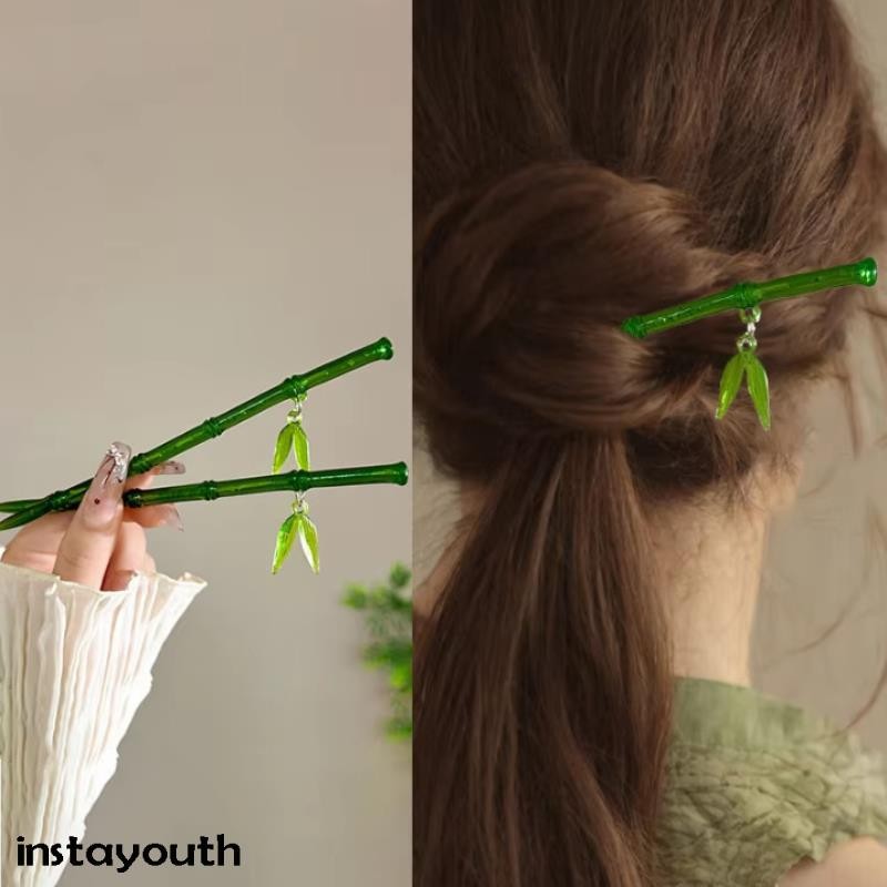 New Chinese Style Green Plastic Bamboo Leaf Hair Stick For Women Girls Vintage Acrylic