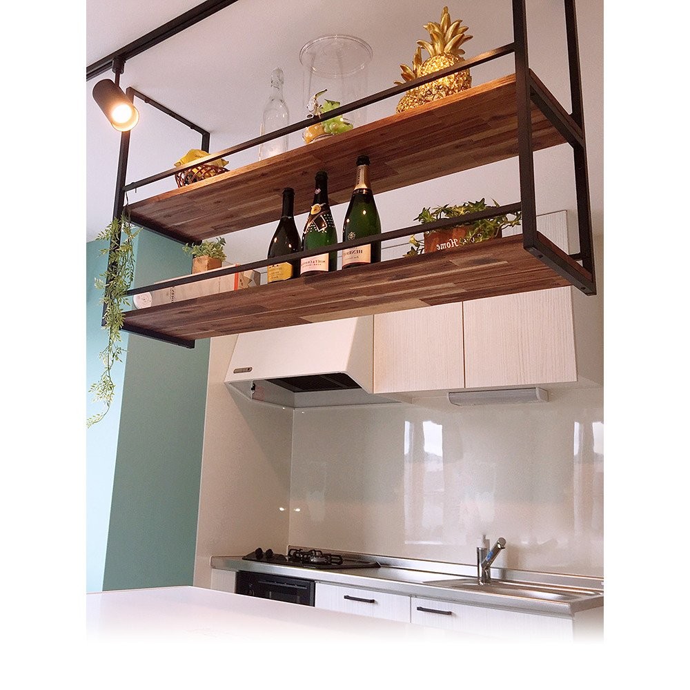 Iron Art Bar Counter Hanging Rack Solid Wood Board Island Shelf Wine ...