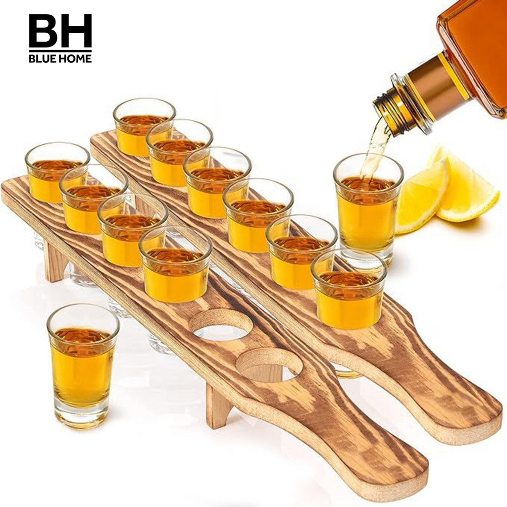 【BH】 Home Bar Decoration Set Wooden Shot Tray Wooden Wine Glass Rack ...
