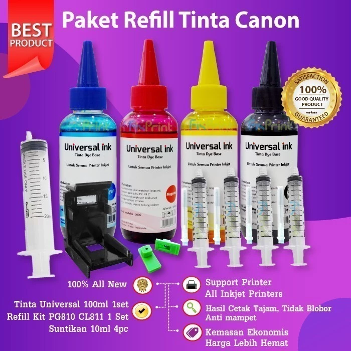 FixPrint Paket Tinta Infus Printer 4 Warna 100ml Refill Compatible For Canon iP2770 MG2570s MG2577s TR4570S TR4670s MP237 MP258 MP287 E400 E410 E460 PG740 CL741 PG47 CL57 PG810 CL811 - Gambar 2