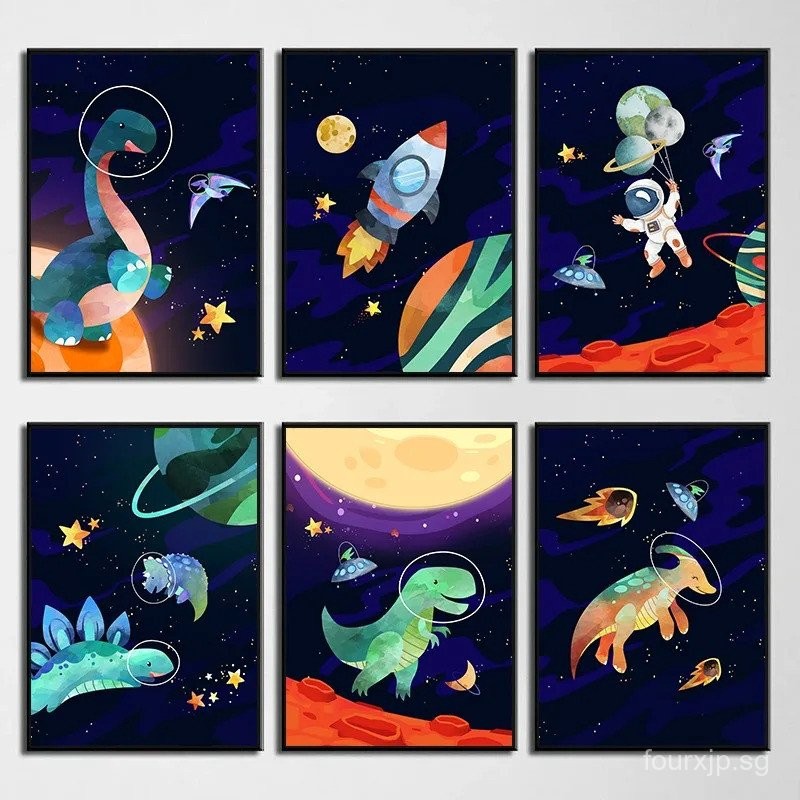 Astronaut Rocket Ship Space Cartoon Dinosaur Posters Prints Canvas Art ...
