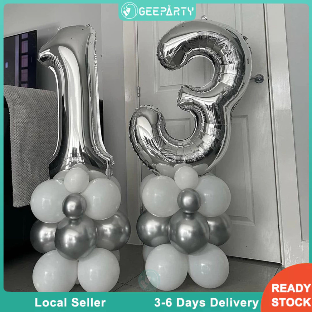 39pcs Silver Foil Number Balloon Set for Wedding Anniversary Birthday ...