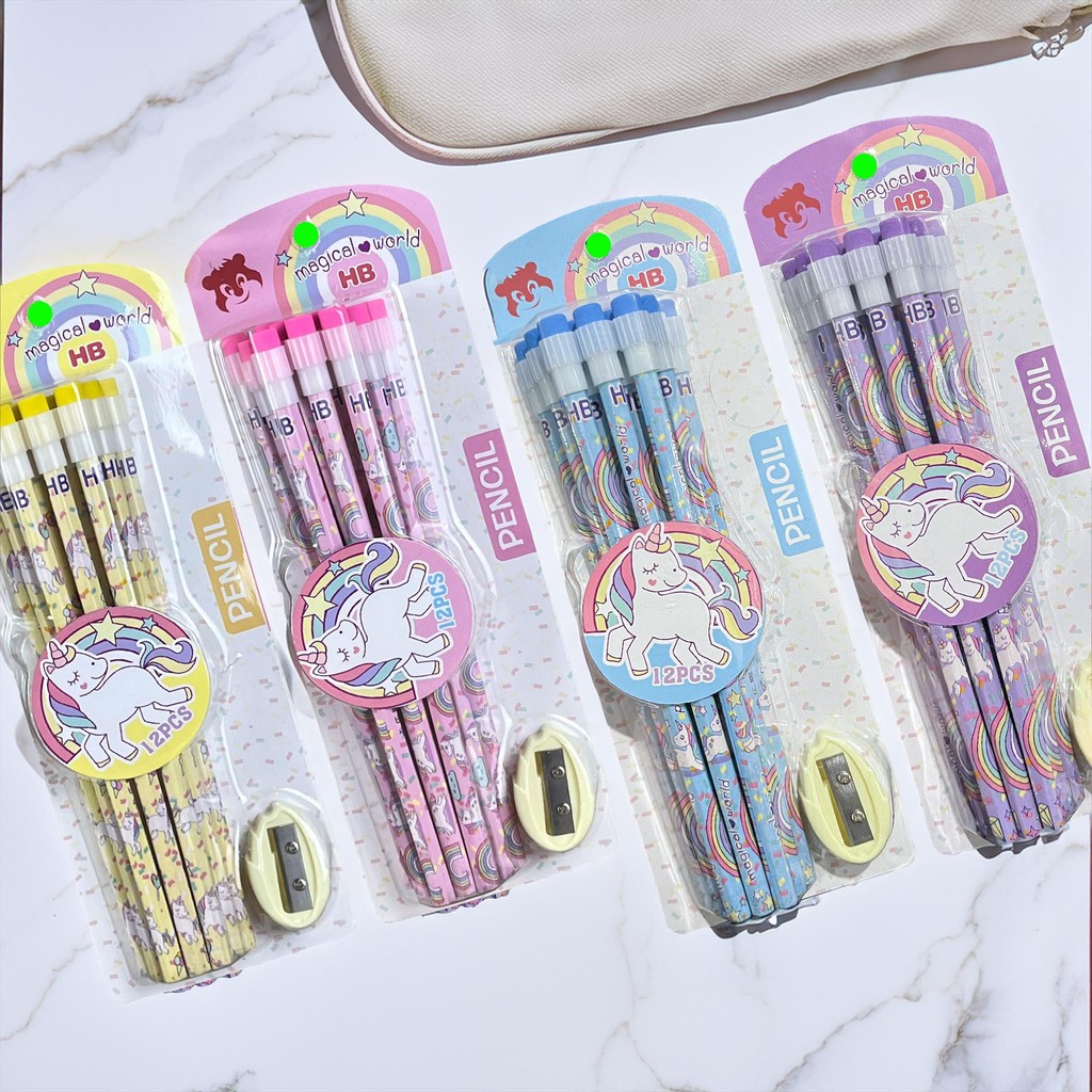 NAS Unicorn Pencil Sticks 12 Pcs Free Sharpener HB Pencil/ + Eraser and ...