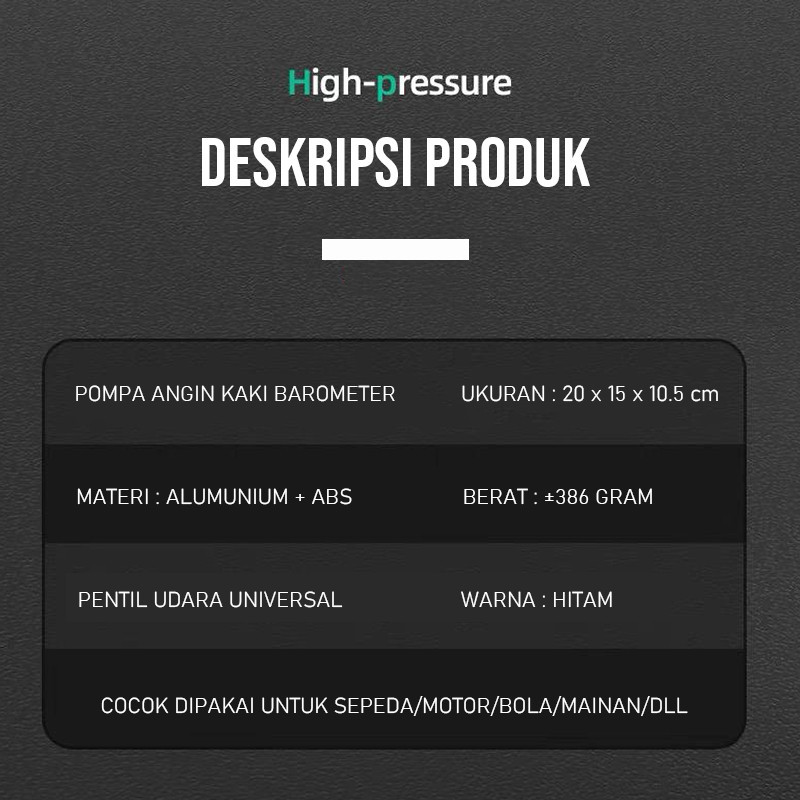 Mini Foot Pump 160 PSI Portable dengan Barometer Akurat – Pompa Angin Kaki Tekanan Tinggi untuk Mobil, Motor, Sepeda, Bola dan Balon Tanpa Listrik - Gambar 2