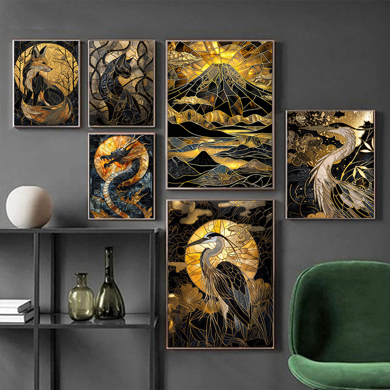 Kintsugi Black Golden Abstract Animals Birds Poster Japanese Bonsai ...
