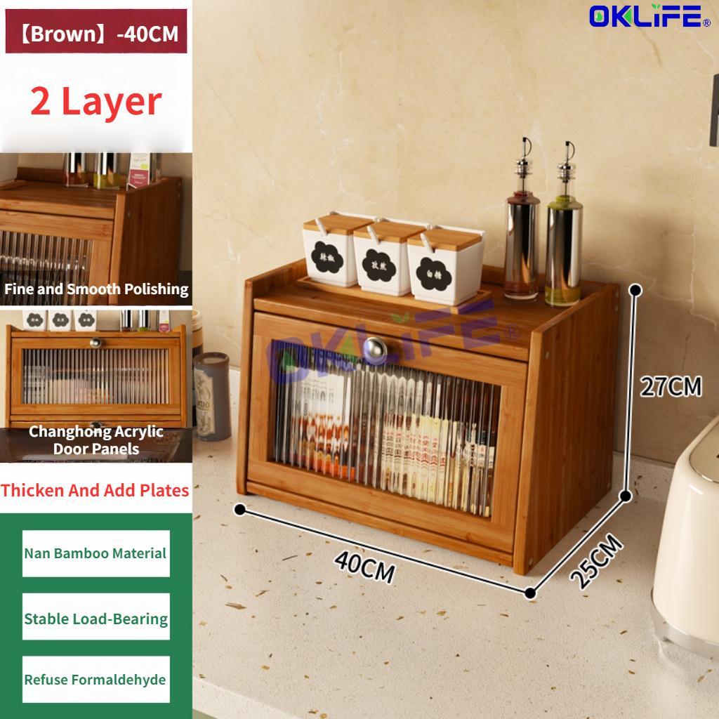 Natural Bamboo Countertop Cabinet Fluted Glass Door Kitchen Spice Rack Organizer for Home view 10