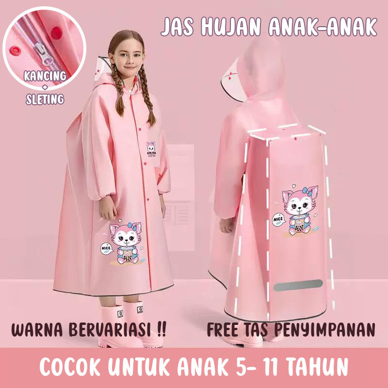 Jas Hujan Anak Bahan EVA Ringan Tahan Air dengan Sleting Kancing dan Topi Motif Kartun untuk Anak Usia 5–12 Tahun