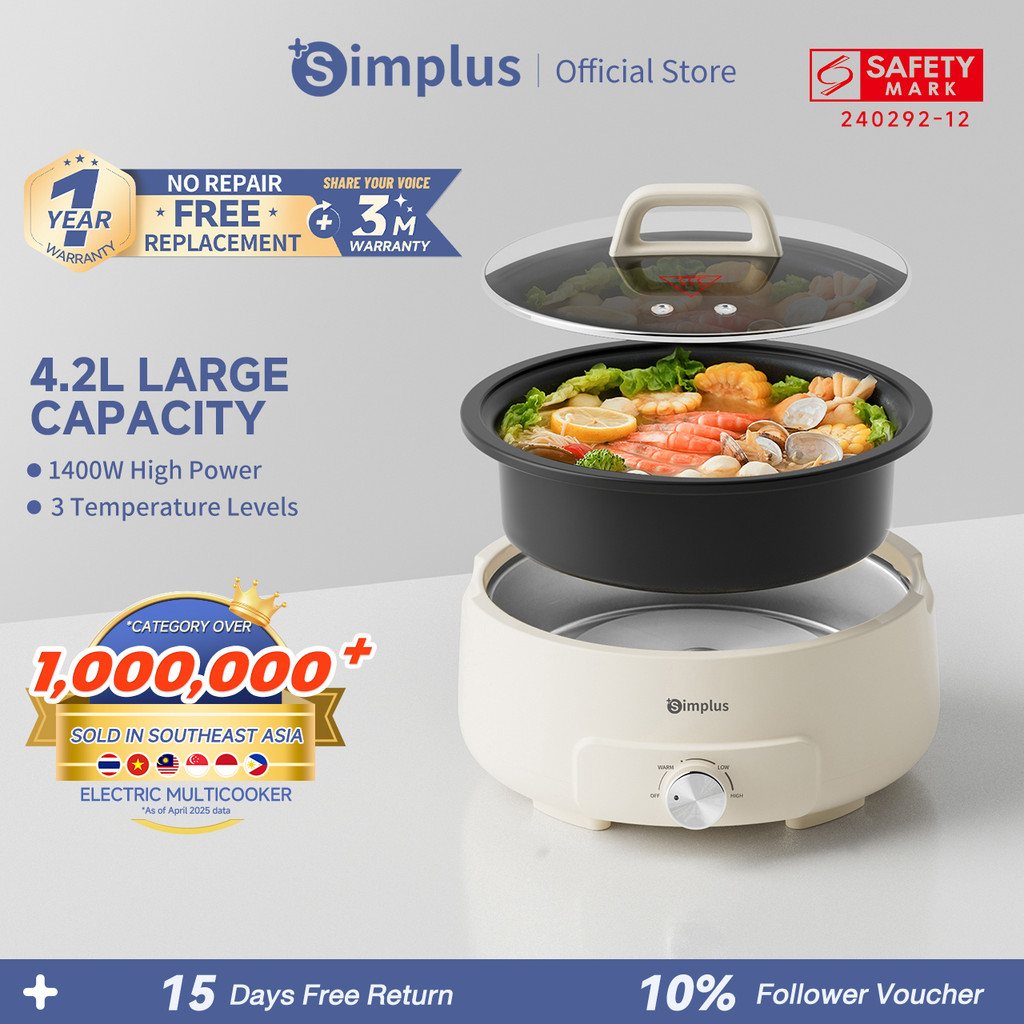 Simplus 4.2L Electric Hot Pot | 1400W Power | 3 Temperature Levels ...